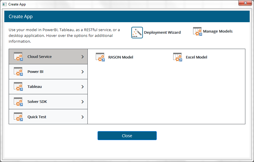 Analytic Solver V2020 Create App Dialog