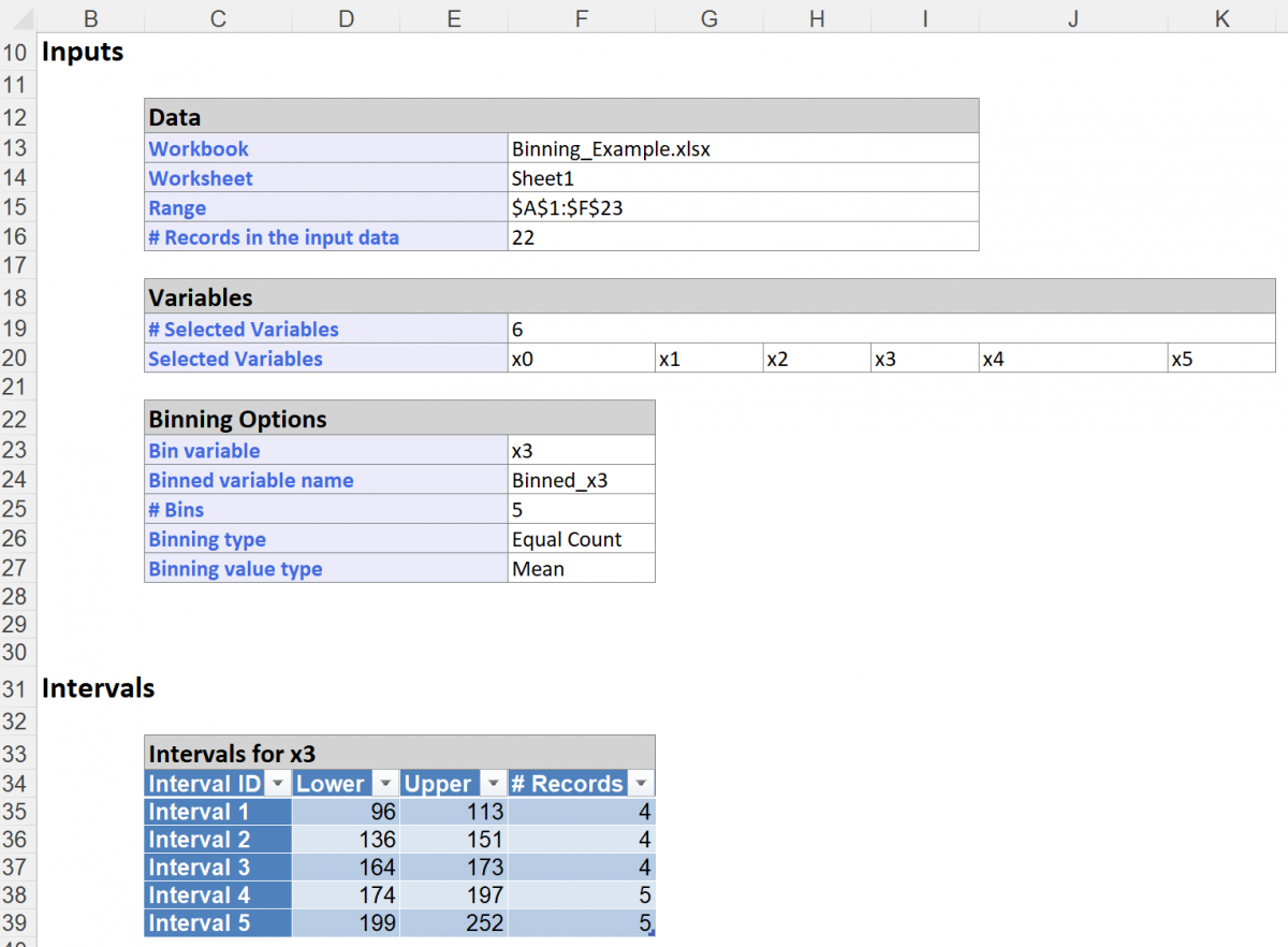 Bin Continuous Data Results, Inputs