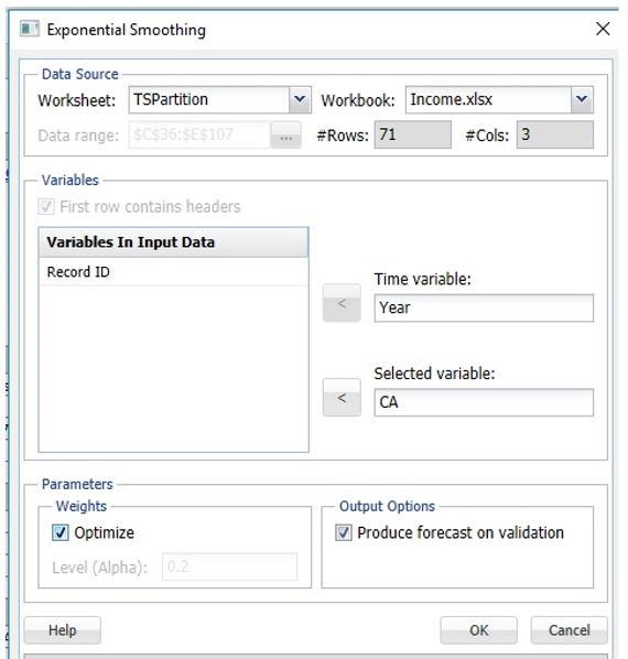 Exponential Smoothing dialog using Optimize parameter