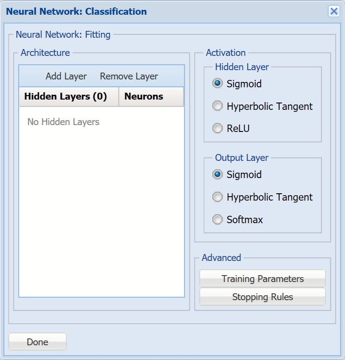 Nueral Network Classification Dialog