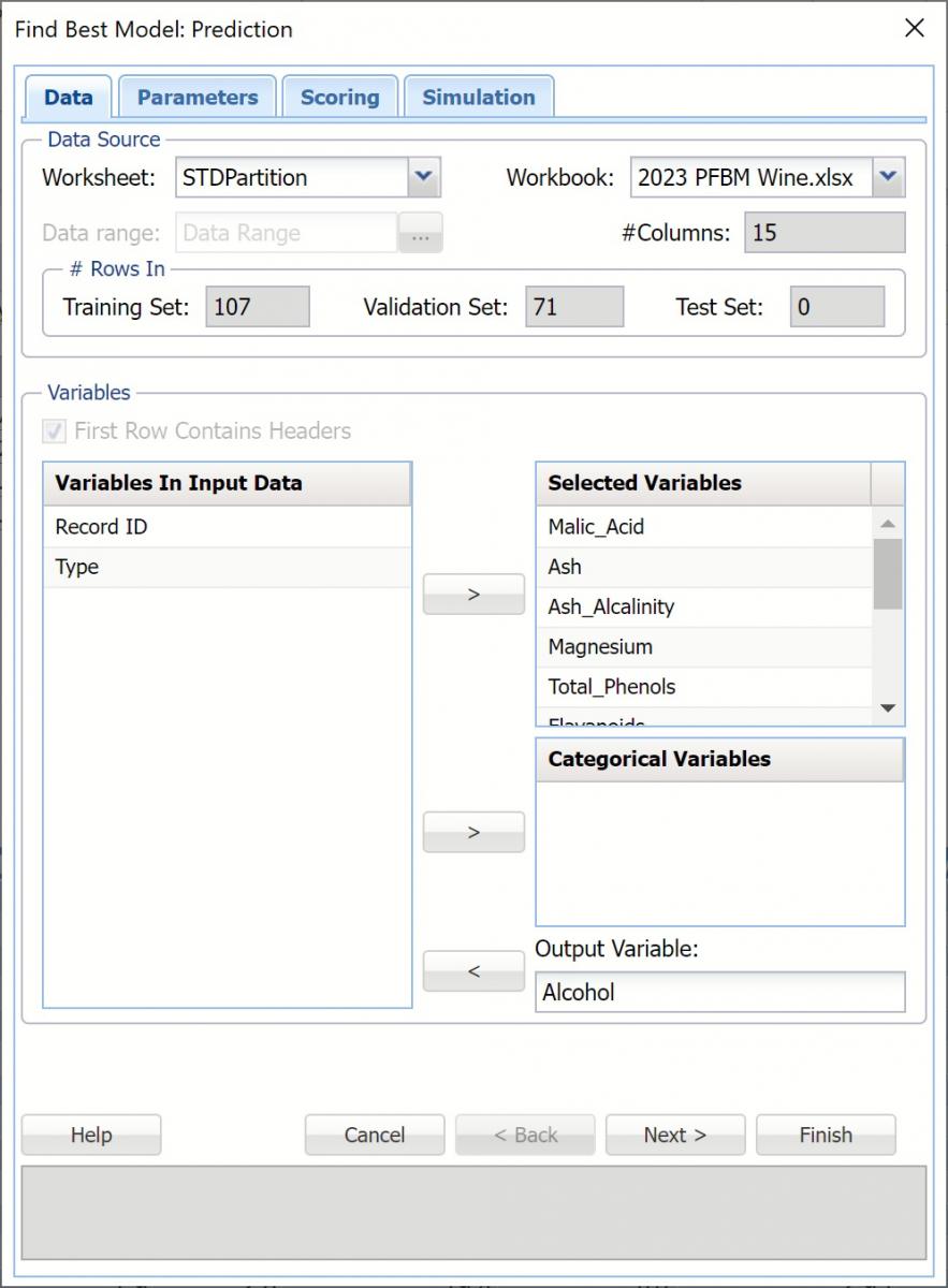 Find Best Model: Prediction, Data tab