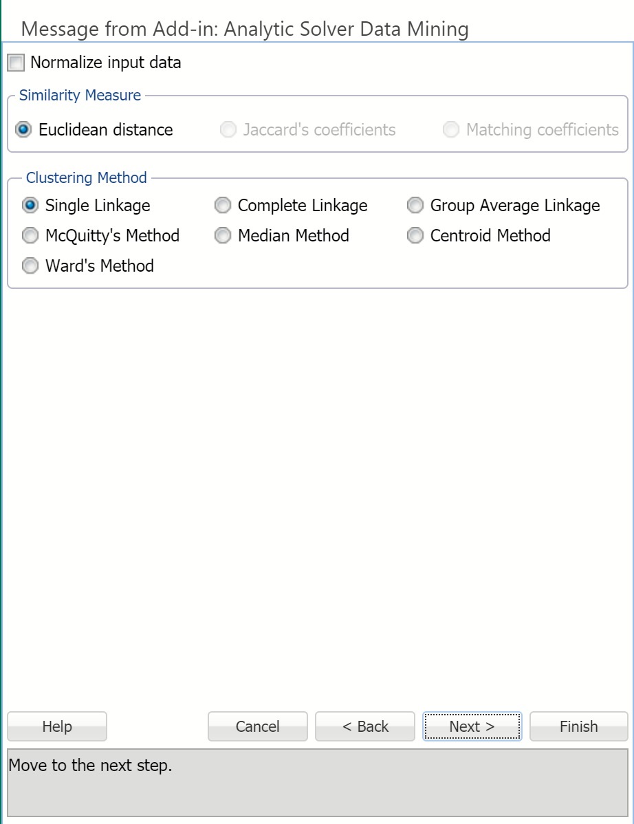 Analytic Solver Data Mining: Hierarchical Clustering Parameters tab