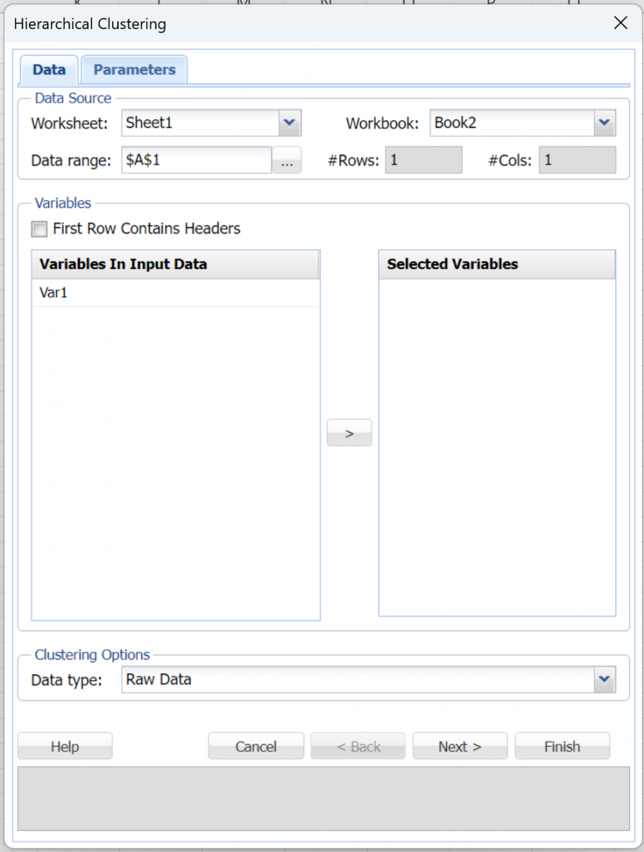 Analytic Solver Data Mining: Hierarchical Clustering Data tab