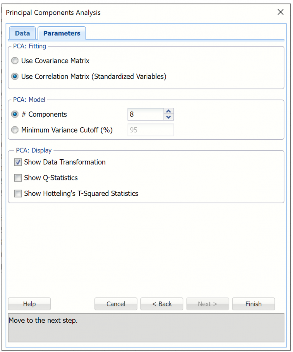 Principal Components Analysis Parameters Tab