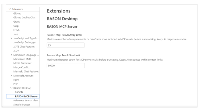 RASON MCP extension settings in Visual Studio Code