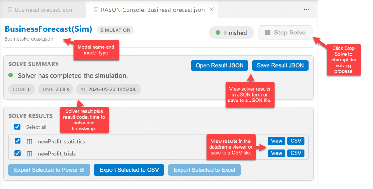 RASON Console for BusinessForecast - View and save Solver results.  