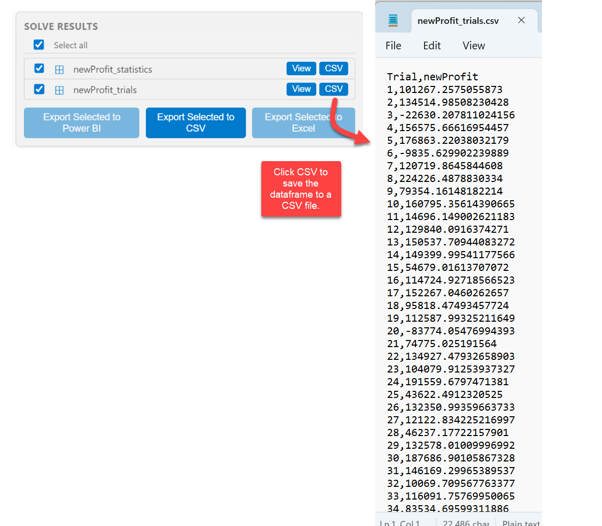 Click CSV to save results to a CSV file.  