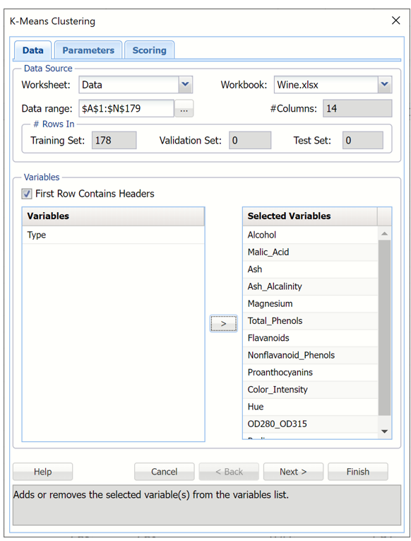 k-Means Clustering dialog, Data tab