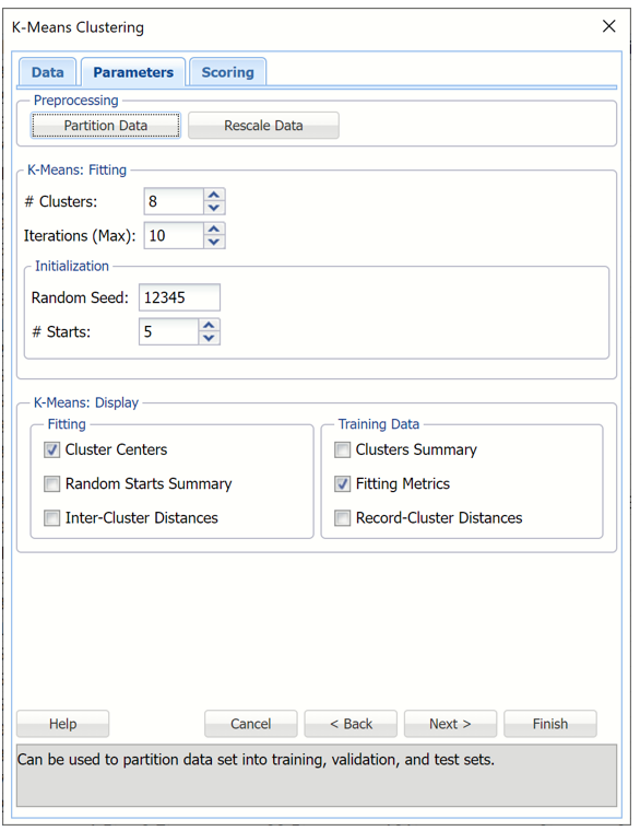 k-Means Clustering dialog, Parameters tab