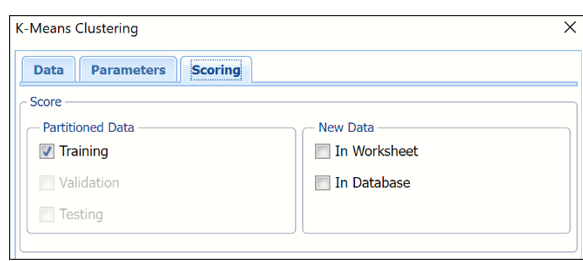 k-Means Clustering dialog, Scoring tab