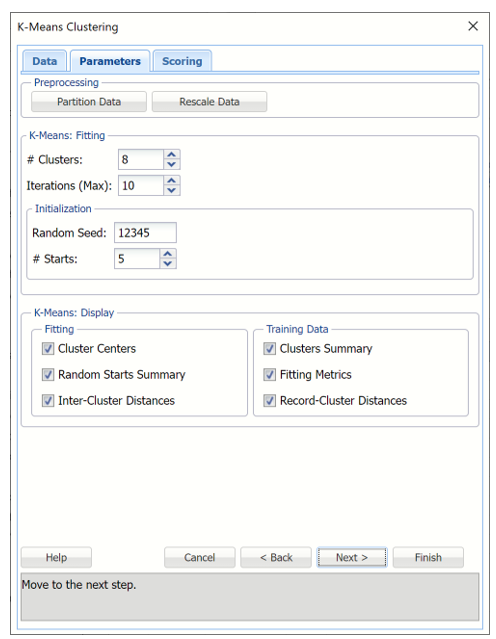 k-Means Clustering Parameters tab