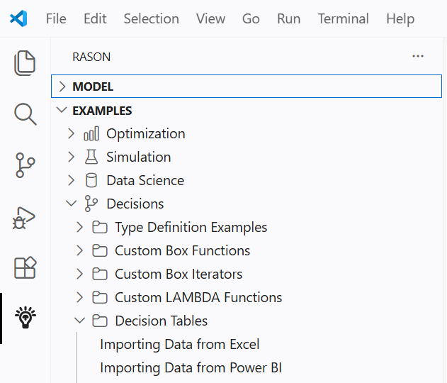 RASON Desktop examples panel showing Decision Tables with Importing Data from Excel and Importing Data from Power BI"