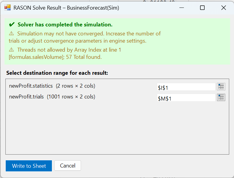 RASON Desktop:  RASON Solve Result dialog
